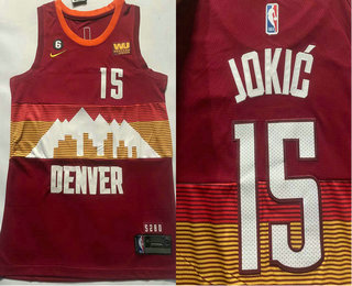 Men's Denver Nuggets #15 Nikola Jokic Red  6 Patch Sponsor 2023 City Edition Swingman Jersey