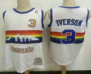 Men's Denver Nuggets #3 Allen Iverson White Hardwood Classics Soul Swingman Stitched NBA Throwback Jersey