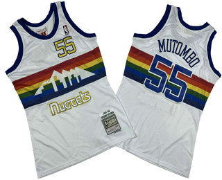 Men's Denver Nuggets #55 Dikembe Mutombo White 1991-92 Rainbow Hardwood Classics Soul Swingman Throwback Jersey