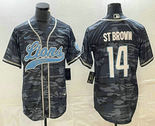 Men's Detroit Lions #14 Amon Ra St Brown Grey Camo With Patch Cool Base Stitched Baseball Jersey