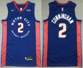Men's Detroit Pistons #2 Cade Cunningham Blue 2021 City Edition Swingman Stitched NBA Jersey With Sponsor Logo