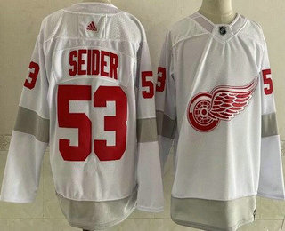Men's Detroit Red Wings #53 Moritz Seider White 2021 Reverse Retro Authentic Jersey