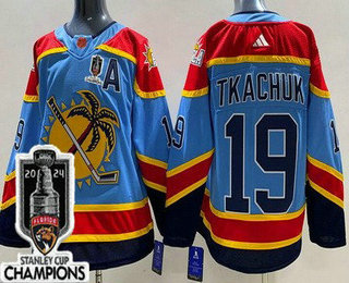 Men's Florida Panthers #19 Matthew Tkachuk Blue Reverse Retro 2024 Stanley Cup Champions Authentic Jersey