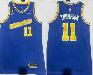 Men's Golden State Warriors #11 Klay Thompson Blue 6 Patch Classic 2022 Icon Swingman Jersey