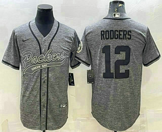 Men's Green Bay Packers #12 Aaron Rodgers Grey Gridiron With Patch Cool Base Stitched Baseball Jersey