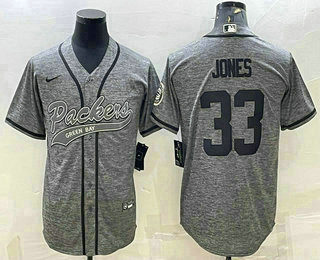 Men's Green Bay Packers #33 Aaron Jones Grey Gridiron With Patch Cool Base Stitched Baseball Jersey