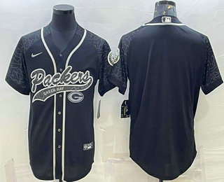 Men's Green Bay Packers Blank Black Reflective With Patch Cool Base Stitched Baseball Jersey