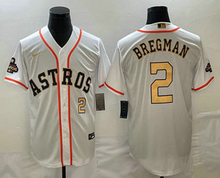 Men's Houston Astros #2 Alex Bregman Number 2023 White Gold World Serise Champions Patch Cool Base Stitched Jersey 01