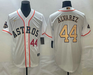 Men's Houston Astros #44 Yordan Alvarez Number 2023 White Gold World Serise Champions Patch Cool Base Stitched Jersey 02