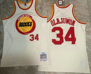 Men's Houston Rockets #34 Hakeem Olajuwon Cream Chainstitch Throwback AU Jersey