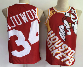 Men's Houston Rockets #34 Hakeem Olajuwon Red Big Face Mitchell Ness Hardwood Classics Soul Swingman Throwback Jersey
