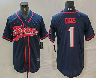 Men's Houston Texans #1 Stefon Diggs Navy With Patch Cool Base Stitched Baseball Jersey