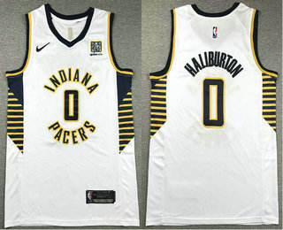 Men's Indiana Pacers #0 Tyrese Haliburton White Association Edition Sponsor Stitched Jersey