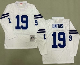 Men's Indianapolis Colts #19 Johnny Unitas White Long Sleeves Throwback Jersey