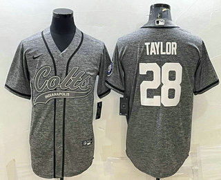Men's Indianapolis Colts #28 Jonathan Taylor Grey Gridiron With Patch Cool Base Stitched Baseball Jersey