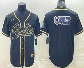 Men's Indianapolis Colts Black Gold Team Big Logo With Patch Cool Base Stitched Baseball Jersey