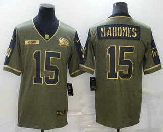Men's Kansas City Chiefs #15 Patrick Mahomes 2021 Olive Salute To Service Golden Limited Stitched Jersey