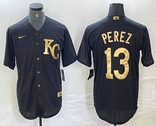Men's Kansas City Royals #13 Salvador Perez Black Gold Cool Base Stitched Jersey