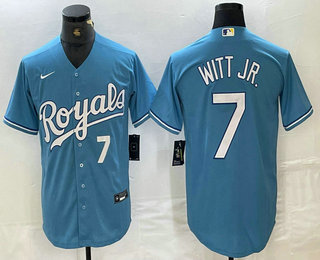 Men's Kansas City Royals #7 Bobby Witt Jr Number Light Blue Cool Base Stitched Jersey 01