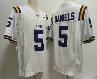 Men's LSU Tigers #5 Jayden Daniels White FUSE College Stitched Jersey