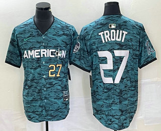 Men's Los Angeles Angels #27 Mike Trout Number Teal 2023 All Star Cool Base Stitched Jersey 01