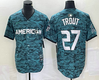 Men's Los Angeles Angels #27 Mike Trout Teal 2023 All Star Cool Base Stitched Jersey 01