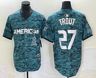 Men's Los Angeles Angels #27 Mike Trout Teal 2023 All Star Cool Base Stitched Jersey 02