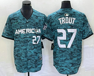 Men's Los Angeles Angels #27 Mike Trout Teal 2023 All Star Cool Base Stitched Jersey