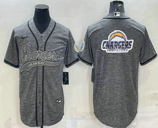 Men's Los Angeles Chargers Grey Gridiron Team Big Logo Cool Base Stitched Baseball Jersey
