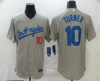 Men's Los Angeles Dodgers #10 Justin Turner Gray Road Stitched MLB Flex Base Nike Jersey