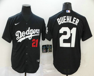 Men's Los Angeles Dodgers #21 Walker Buehler Black With Small Number Stitched MLB Cool Base Nike Jersey