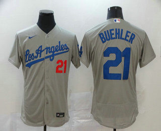 Men's Los Angeles Dodgers #21 Walker Buehler Gray Road Stitched MLB Flex Base Nike Jersey