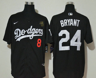Men's Los Angeles Dodgers #24 Kobe Bryant Black KB Patch Stitched MLB Cool Base Nike Jersey With front Number 8