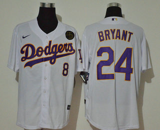 Men's Los Angeles Dodgers #24 Kobe Bryant White Purble Name KB Patch Stitched MLB Cool Base Nike Jersey With front Number 8