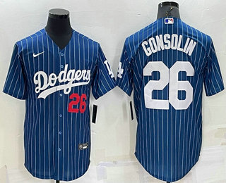 Men's Los Angeles Dodgers #26 Tony Gonsolin Number Red Navy Blue Pinstripe Stitched MLB Cool Base Nike Jersey