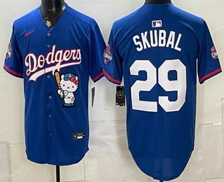 Men's Los Angeles Dodgers #29 Tarik Skubal Royal Hello Kitty Night 2025 World Series Champions Patch Stitched Jersey