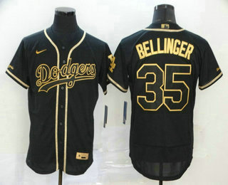 Men's Los Angeles Dodgers #35 Cody Bellinger Black With Gold Stitched MLB Flex Base Nike Jersey