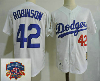 Men's Los Angeles Dodgers #42 Jackie Robinson White With 50TH Patch 1955 Mitchell & Ness Throwback Jersey