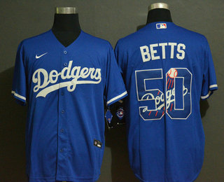 Men's Los Angeles Dodgers #50 Mookie Betts Blue Team Logo Stitched MLB Cool Base Nike Jersey