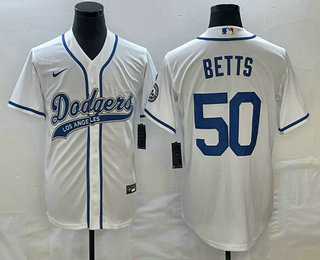 Men's Los Angeles Dodgers #50 Mookie Betts White With Patch Cool Base Stitched Baseball Jersey 02