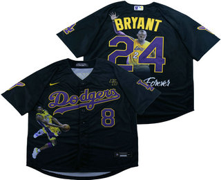 Men's Los Angeles Dodgers Front #8 Back #24 Kobe Bryant Black With KB Patch Cool Base Stitched MLB Fashion Jersey