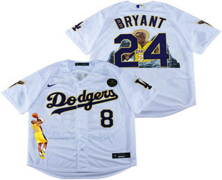 Men's Los Angeles Dodgers Front #8 Back #24 Kobe Bryant White With KB Patch Cool Base Stitched MLB Fashion Jersey 01