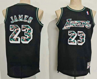 Men's Los Angeles Lakers #23 LeBron James Black With Camo Number Hardwood Classics Soul Swingman Throwback Jersey