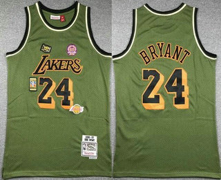Men's Los Angeles Lakers #24 Kobe Bryant Olive Military Flight 1996 Throwback Swingman Jersey