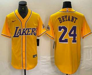 Men's Los Angeles Lakers #24 Kobe Bryant Yellow Purple With Patch Cool Base Stitched Baseball Jersey 02