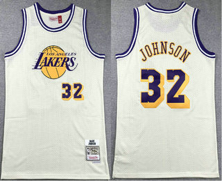 Men's Los Angeles Lakers #32 Magic Johnson Cream Chainstitch Throwback Swingman Jersey