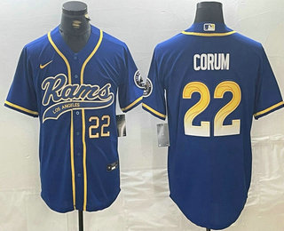 Men's Los Angeles Rams #22 Blake Corum Number Royal With Patch Cool Base Stitched Baseball Jersey