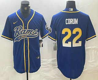 Men's Los Angeles Rams #22 Blake Corum Royal With Patch Cool Base Stitched Baseball Jersey