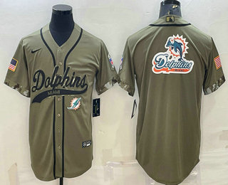 Men's Miami Dolphins Olive Salute to Service Team Big Logo Cool Base Stitched Baseball Jersey