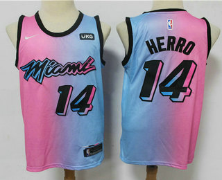 Men's Miami Heat #14 Tyler Herro Pink Blue 2021 Nike City Edition Swingman Jersey With The Sponsor Logo